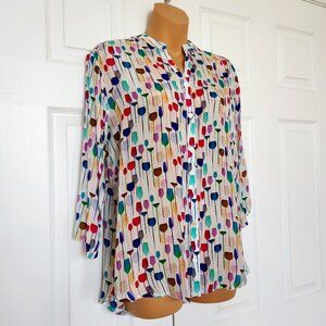 APNY NEW YORK WATERCOLOR WINE GLASS PRINT WOMAN'S BLOUSE SIZE S